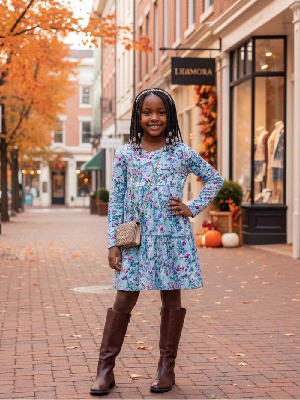 Crewcuts J.Crew Girls Tiered Long Sleeve Floral Dress Blue Pink Size 7 EUC